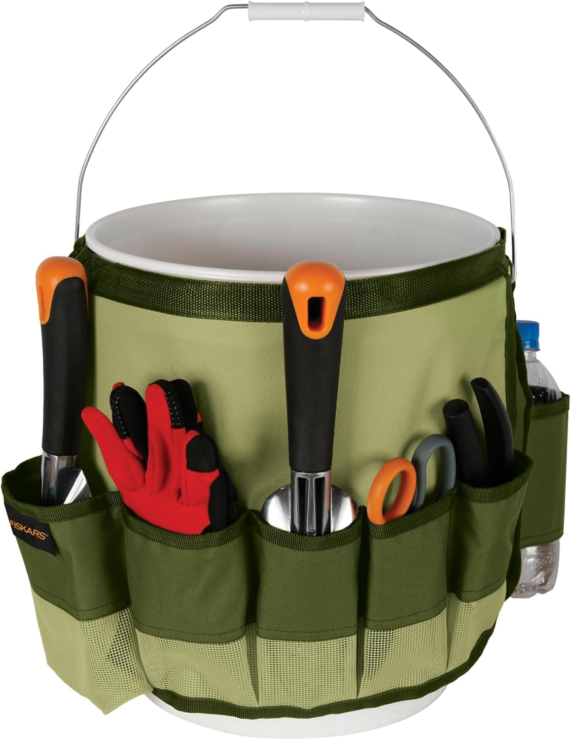 Fiskars 5 Gallon Garden Tool Bucket Caddy, Bucket & Tools Not Included | Canvas Caddy Fits Snug on a 5 Gallon Bucket to Carry All Your Gardening Essentials and Free Up Bucket Space for Yard Waste