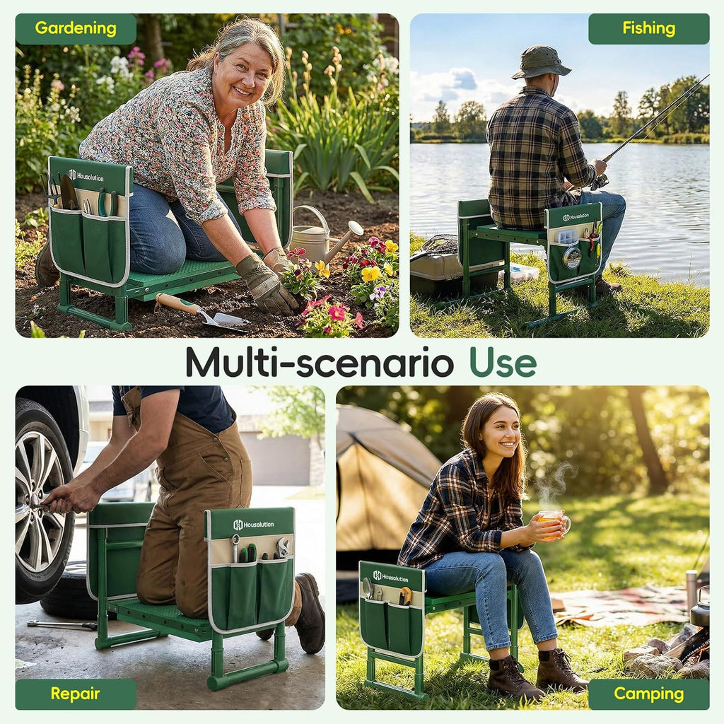 Housolution Garden Kneeler and Seat with Anti-Tipping Extendable Legs | Foldable and Portable Garden Stool with 2 Tool Bags, Thick Soft Kneeling Pad, Gardening Gifts for Women Men Seniors, Green