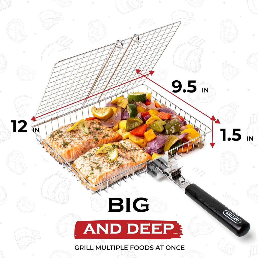 SHIZZO Grill Basket Gift Set with Skewers, Basting Brush, Gift Box | Removable Handle, Stainless Steel BBQ Grilling Rack for Fish Vegetables, Outdoor Camping Accessory, Gifts for Men Dad Husband
