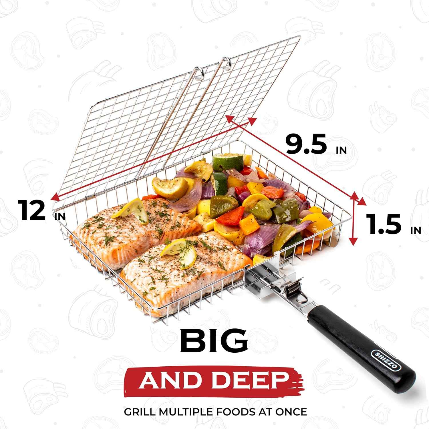 SHIZZO Grill Basket Gift Set with Skewers, Basting Brush, Gift Box | Removable Handle, Stainless Steel BBQ Grilling Rack for Fish Vegetables, Outdoor Camping Accessory, Gifts for Men Dad Husband
