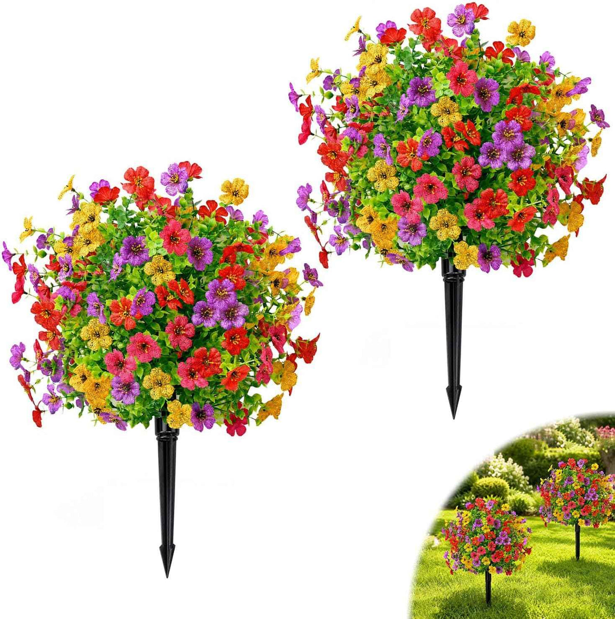 Artificial Flowers for Outdoors, UV Resistant Faux Topiary Ball Plants with Ground Stakes, 22 Inch Realistic Fake Greenery Bushes, Waterproof Fade Proof for Garden Porch Patio Yard Decor, 2 Pack