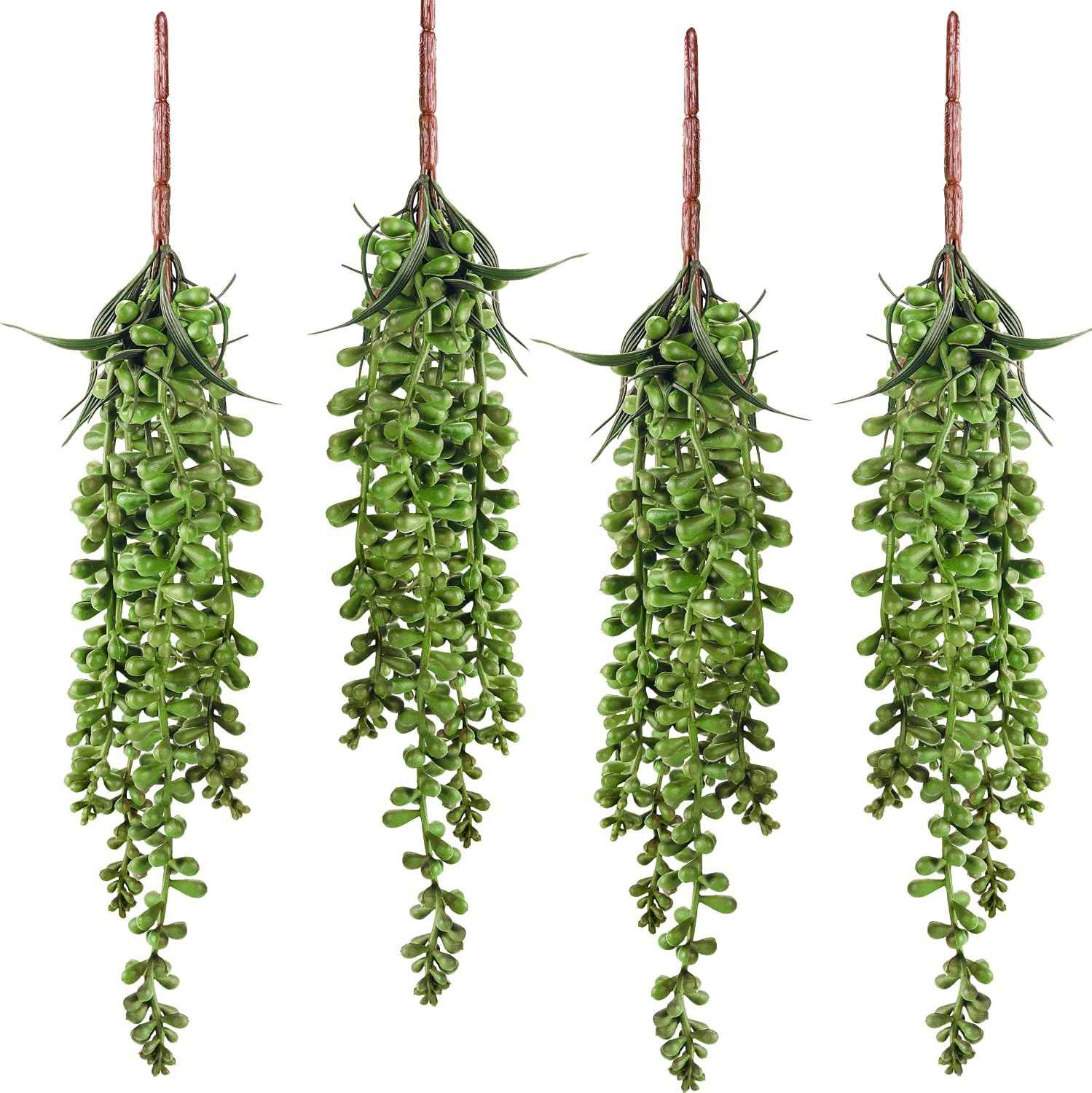 Meiliy 4pcs Artificial Succulent Plants Hanging Succulent Plants Faux Succulents Unpotted Branch String of Pearls Plant for Home Kitchen Office Wedding Garden Craft Art Indoor Decor | Soft rubber faux hanging succulents with natural tones and gentle dr...