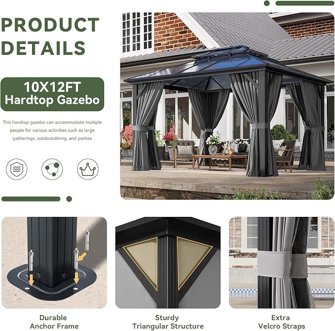 Aoxun 10'x12' Hardtop Gazebo, Aluminum Frame Permanent Pavilion - Image 6