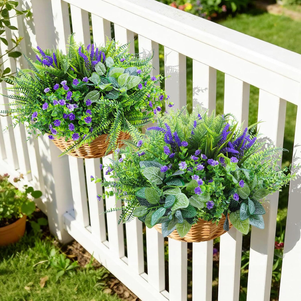 INQCMY Fake Plants for Outdoor Planter Artificial Greenery for Outsides | 12 Bundles,UV Resistant,Realistic Faux Fern Eucalyptus Lavender For Front Door porch,Garden,Patio Yard Spring Home Decor