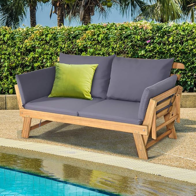 Tangkula Convertible Acacia Wood Patio Couch Sofa Bed - Image 4