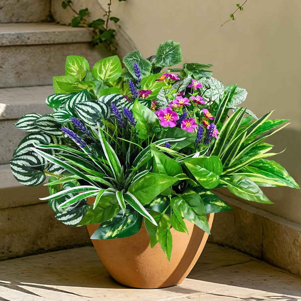 12 Pcs Artificial Plants for Outdoors Faux Greenery Leaves UV Resistant Realistic Plastic Large Bunches Shrubs Bushes with Flowers, Fake Plants Decor Outdoor for Front Porch Door Patio Garden Yard