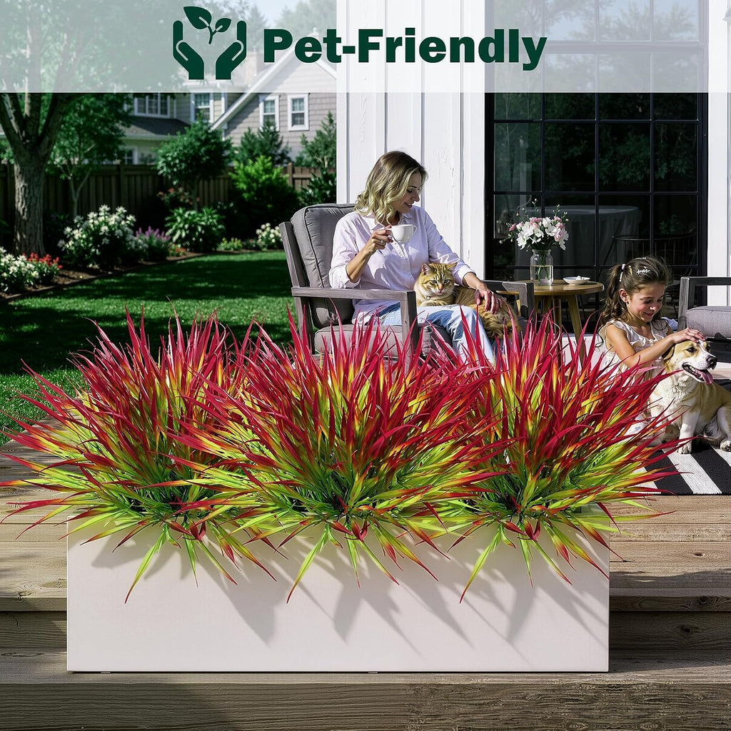 Uieke 12 Bundles Artificial Outdoor Plants UV Resistant Fake Grass Plants Faux Plastic Plants Greenery Shrubs for Home Garden Pathway Window Box Front Porch Spring Summer Decor, Deep Red