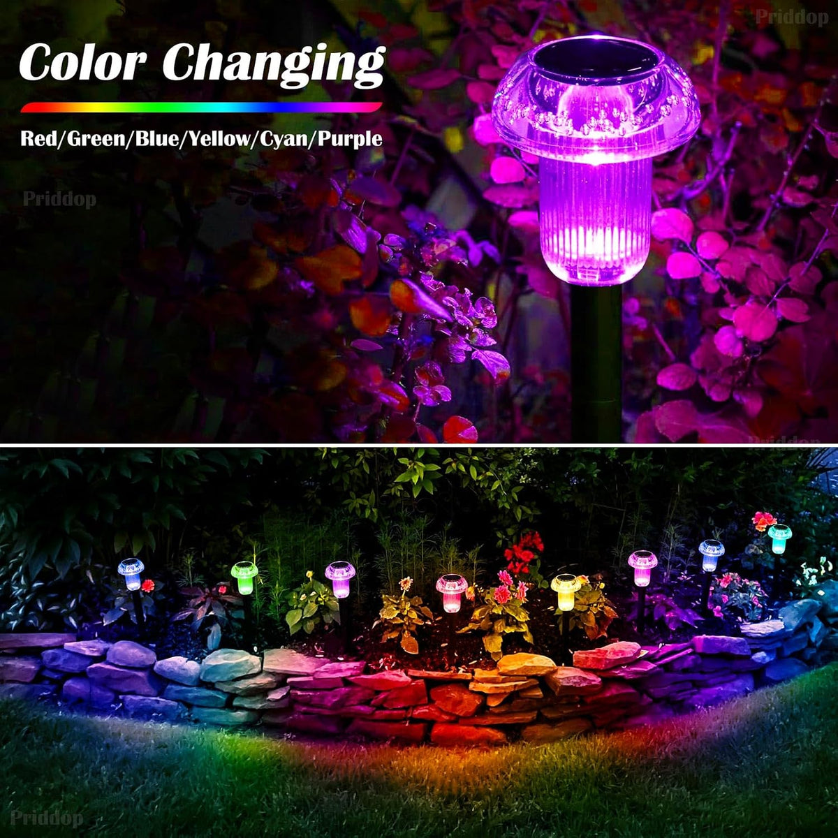 Priddop Solar Lights Outdoor Waterproof 8 Pack Garden Decor Color Changing | Pathway Stake Lights for Yard Patio Lawn Planter Landscape Path, Auto On/Off Acrylic Mushroom Shape LED Christmas Decor