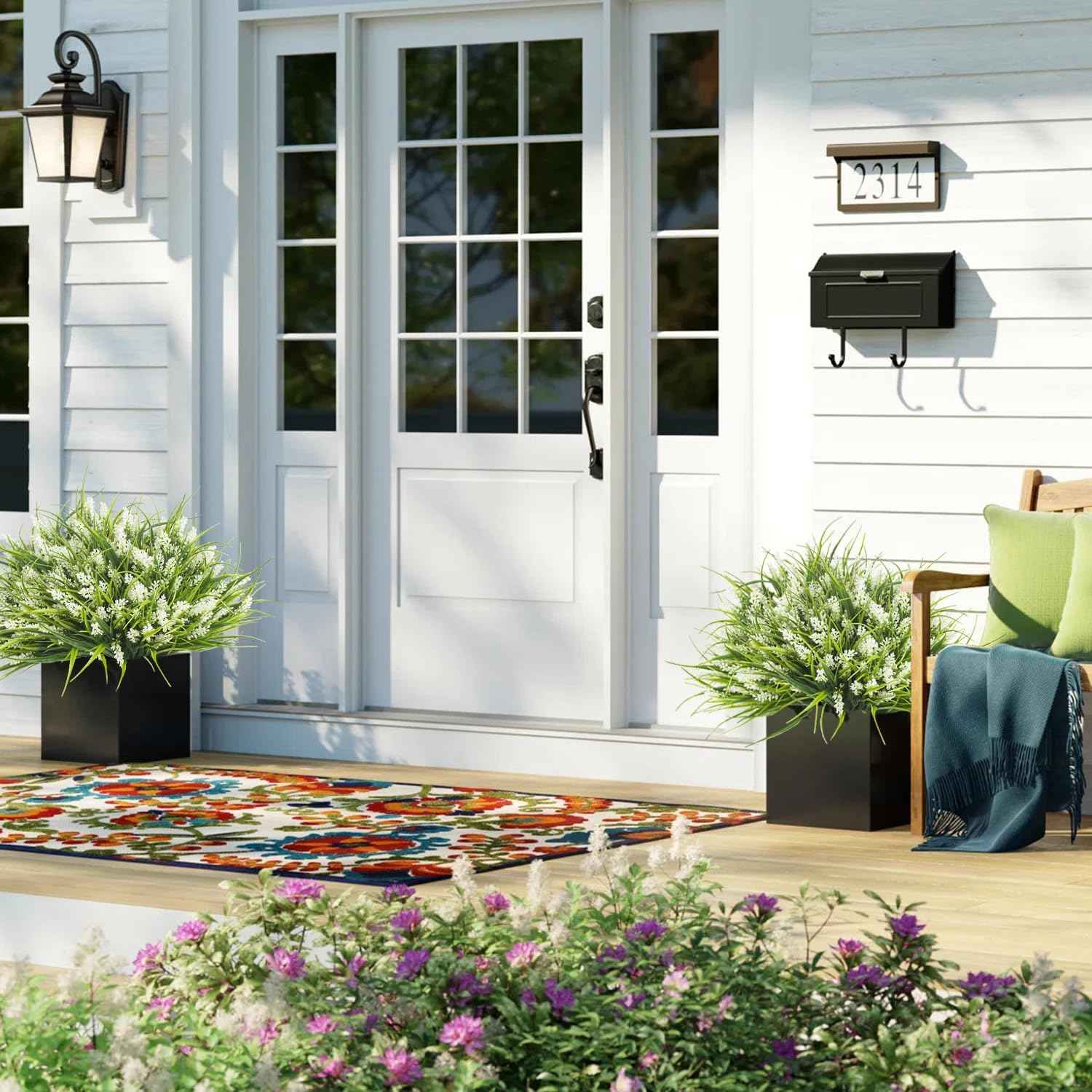 Grunyia 20 Bundles Artificial Plants Outdoor Fake Monkey Grass with Flowers (White)