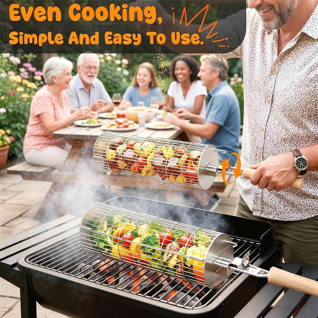 TNTOR Rolling Grill Basket, Larger 304 Stainless Steel Nesting Grilling Net, Removable Handle, BBQ Accessories Tools for Veg Shrimp, Outdoor Cooking Camping Father's Day grilling gifts for men Dad