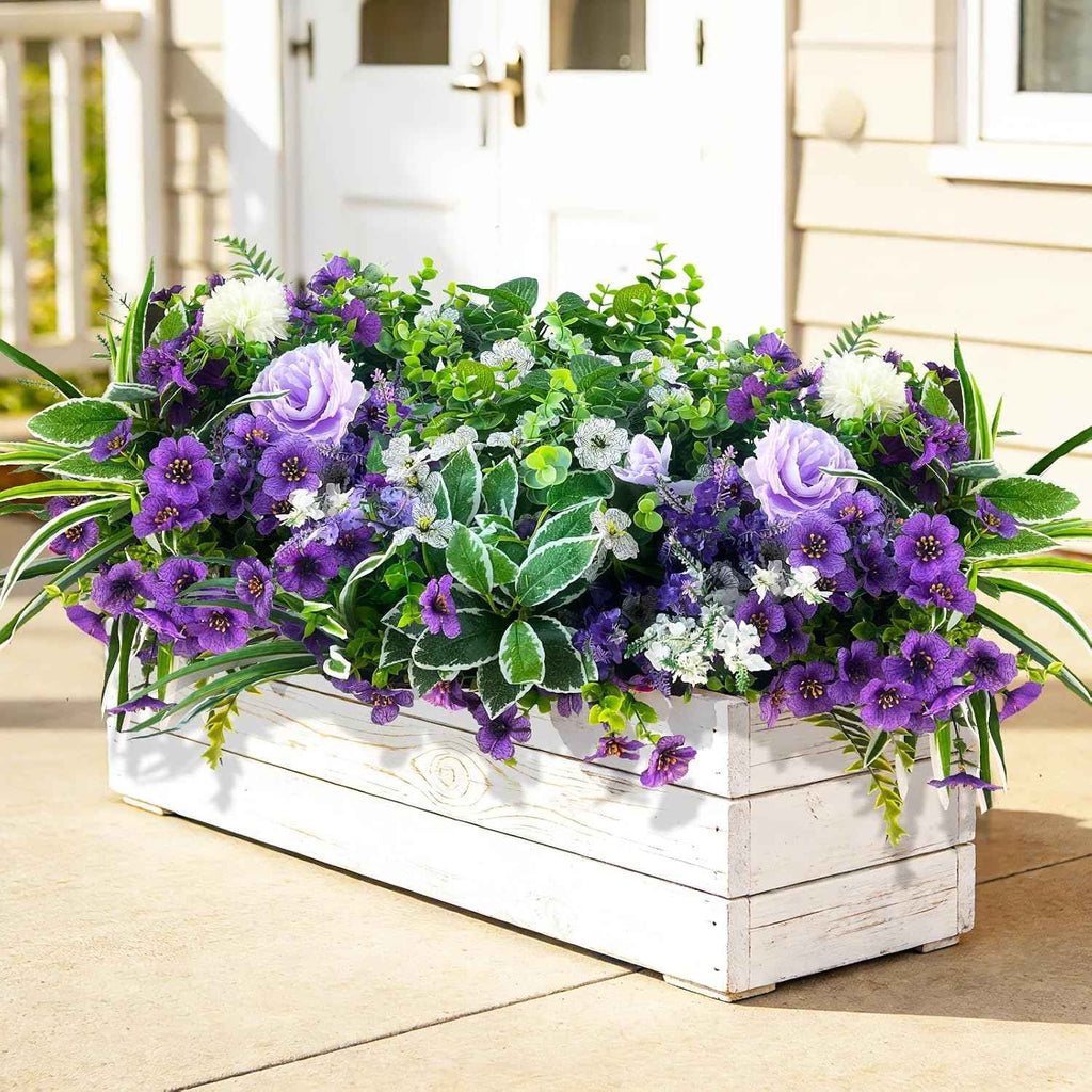 24Pcs Artificial Plants for Outdoor Faux Greenery & Flowers with Plastic Leave UV Resistant Fake Stems for Indoor Outside Garden Porch Window Box Home Décor