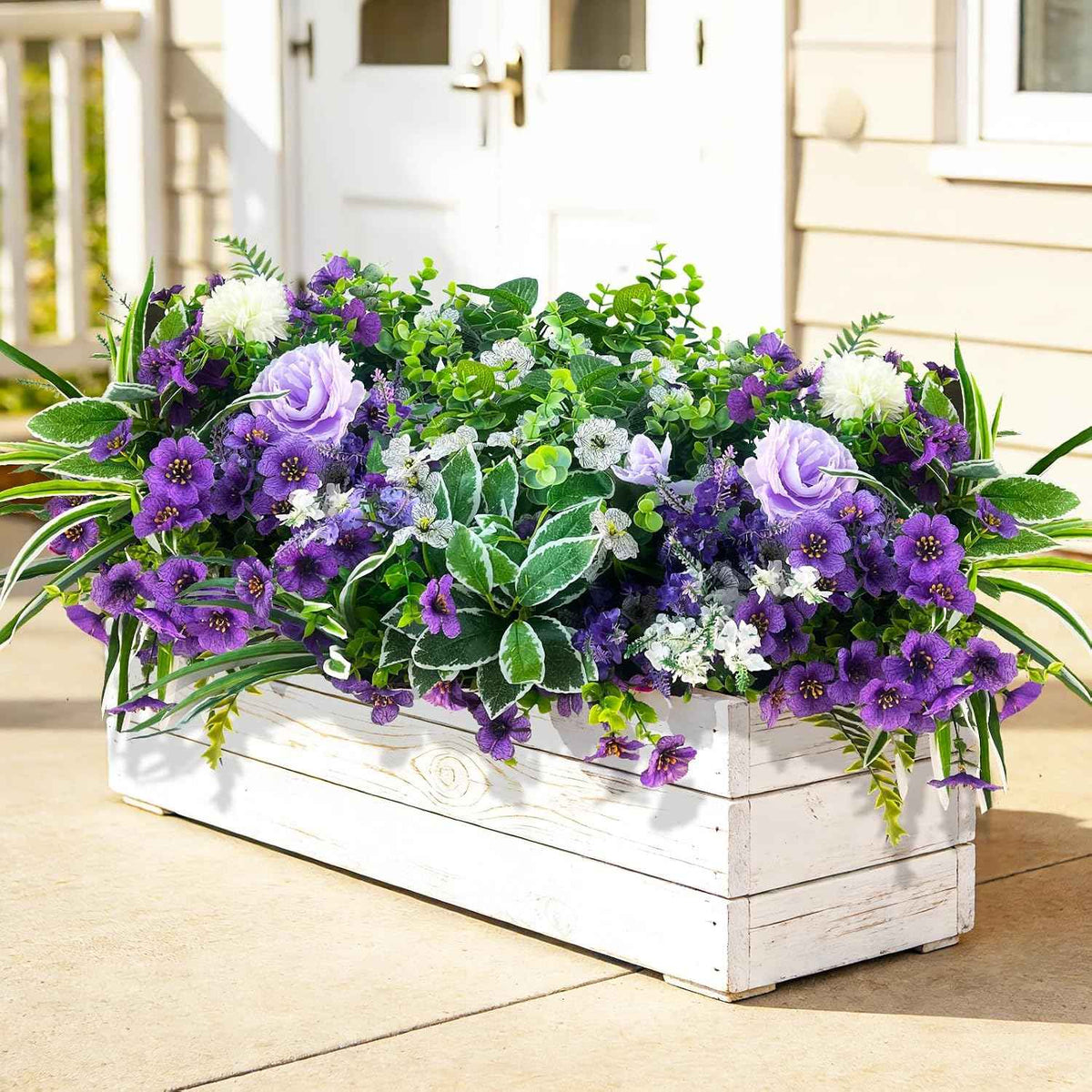 24Pcs Artificial Plants for Outdoor Faux Greenery & Flowers with Plastic Leave UV Resistant Fake Stems for Indoor Outside Garden Porch Window Box Home Décor