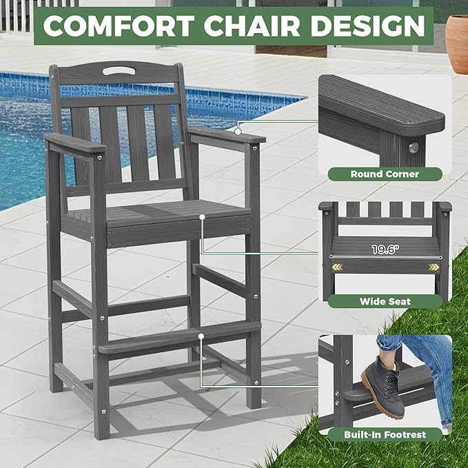 Outdoor Patio Bar Height Table and Tall Adirondack Chairs Set of 2, All-Weather - Image 4