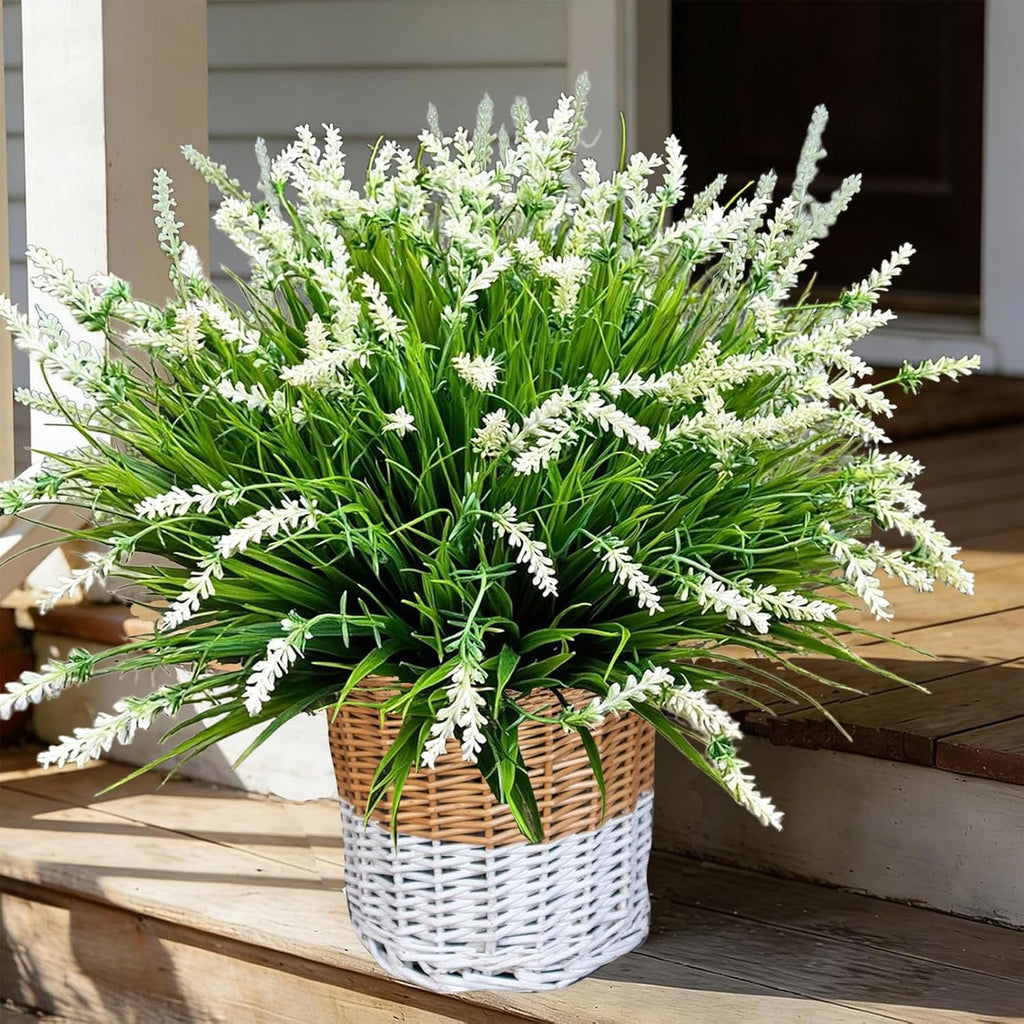 Artificial Faux Plants Flowers for Outdoor Decorations,Faux Plastic Fake Monkey Grass Greenery for Spring Summer UV Resistant Realistic Artificial Shrubs for Courtyard Window Garden(B-White, 12 PCS)