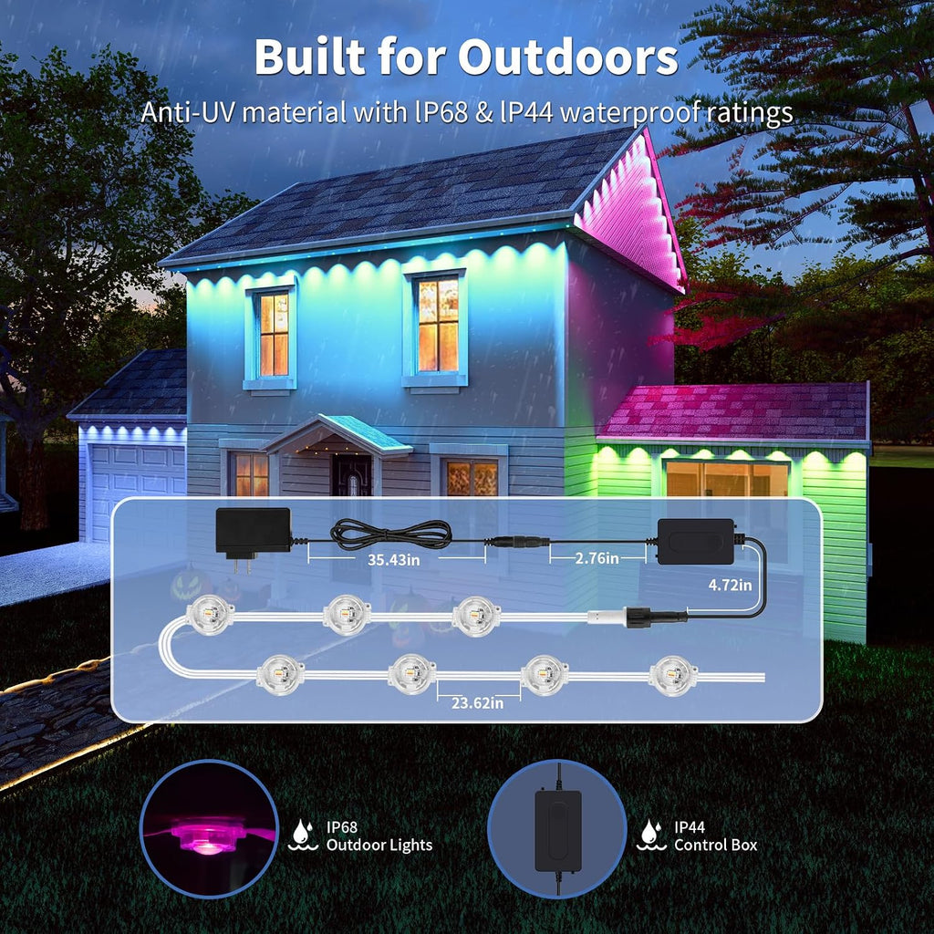 Permanent Outdoor Lights RGB 100FT/50LEDs Eaves String | IP68 Waterproof Music Sync Lights with Remote&APP Control Suitable for Holiday Christmas Garden Party Decor