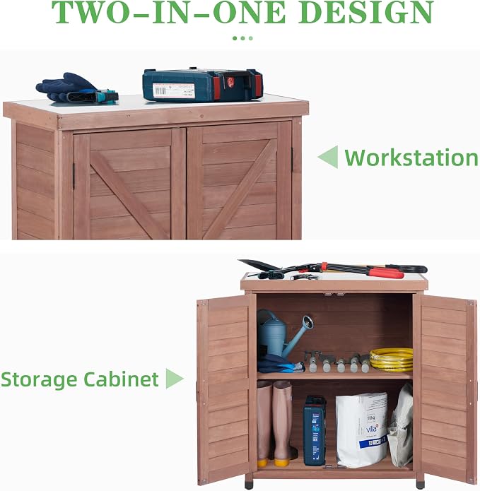 Outdoor Potting Bench with Storage Cabinet and Metal Top, Wood Workstation - Image 6
