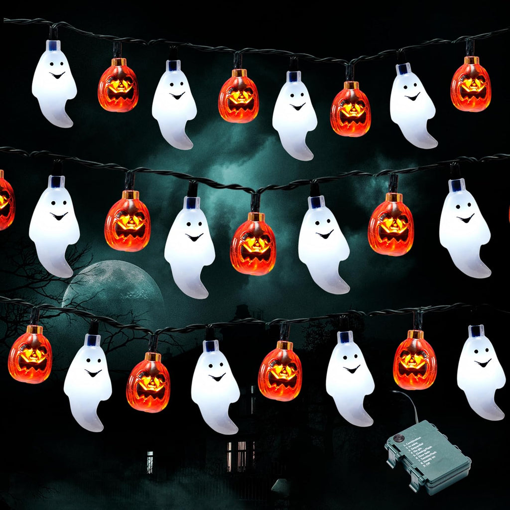 JOYIN Halloween String Lights Decorations, 19.7FT 30 LED Battery Operated Ghost Pumpkin 3D String Light with 8 Lighting Modes for Home Indoor Outdoor Halloween Party Decor(Orange/White Color)