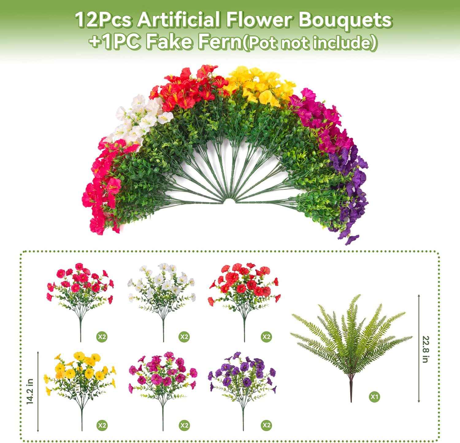 Artificial Flowers Fake Plants for Outdoors Decoration, 12 Bundles Silk Morning Glory with Boston Fern Realistic UV Resistant Faux Flowers for Outside Planter Yard Patio Garden Home Indoor Urn