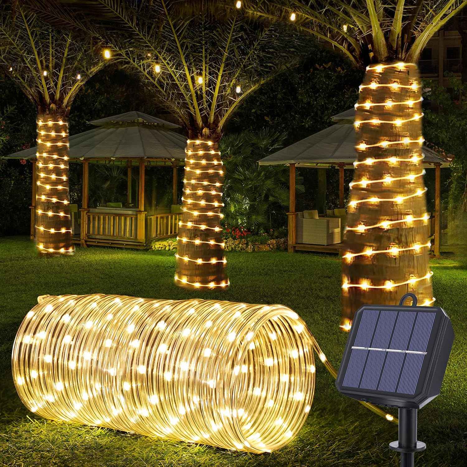 Solar Rope Lights, 66ft 200LED Solar String Lights, 8 Modes, Waterproof | Solar Outdoor Light, Flexible Clear Trampoline Light for Garden Backyard Patio Deck Porch Pool Tree Decorations - Warm White