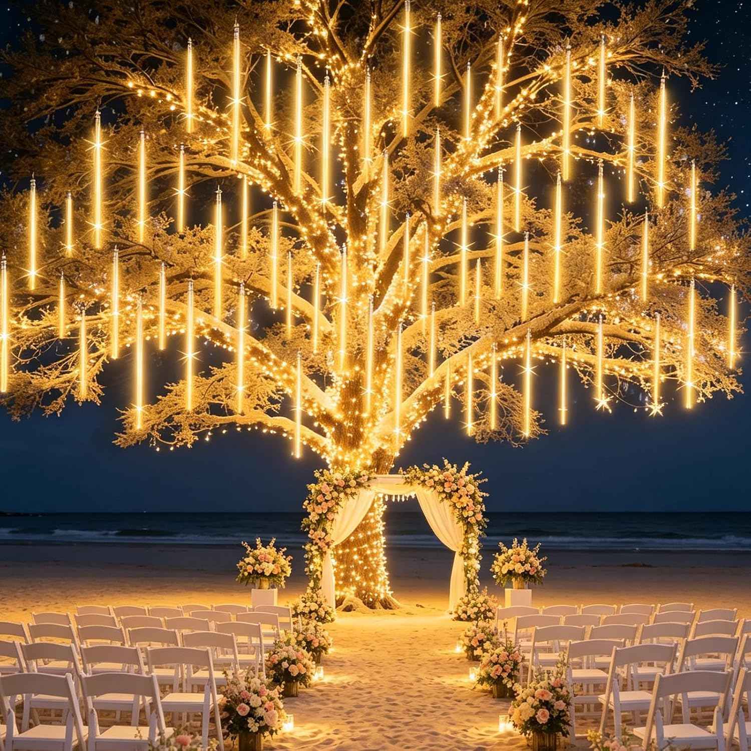 EAGWELL Christmas Falling Rain Lights Outdoor 12" 10 Tubes, Warm White | 240 LEDs Meteor Shower Lights Rain Drop Light Snowfall Icicle Cascading String Lighting for Xmas Holiday Tree Garden Decor