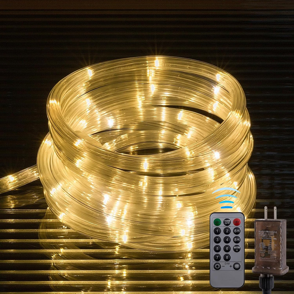 33ft Rope Lights Outdoor,String Lights with Plug & Remote- 8 Modes,360° Glow,Waterproof Flexible Ripple Tube Warm White LED Rope Lighting for Outdoor/Indoor,Garden,Wedding,Pool,Patio,Bedroom Decor