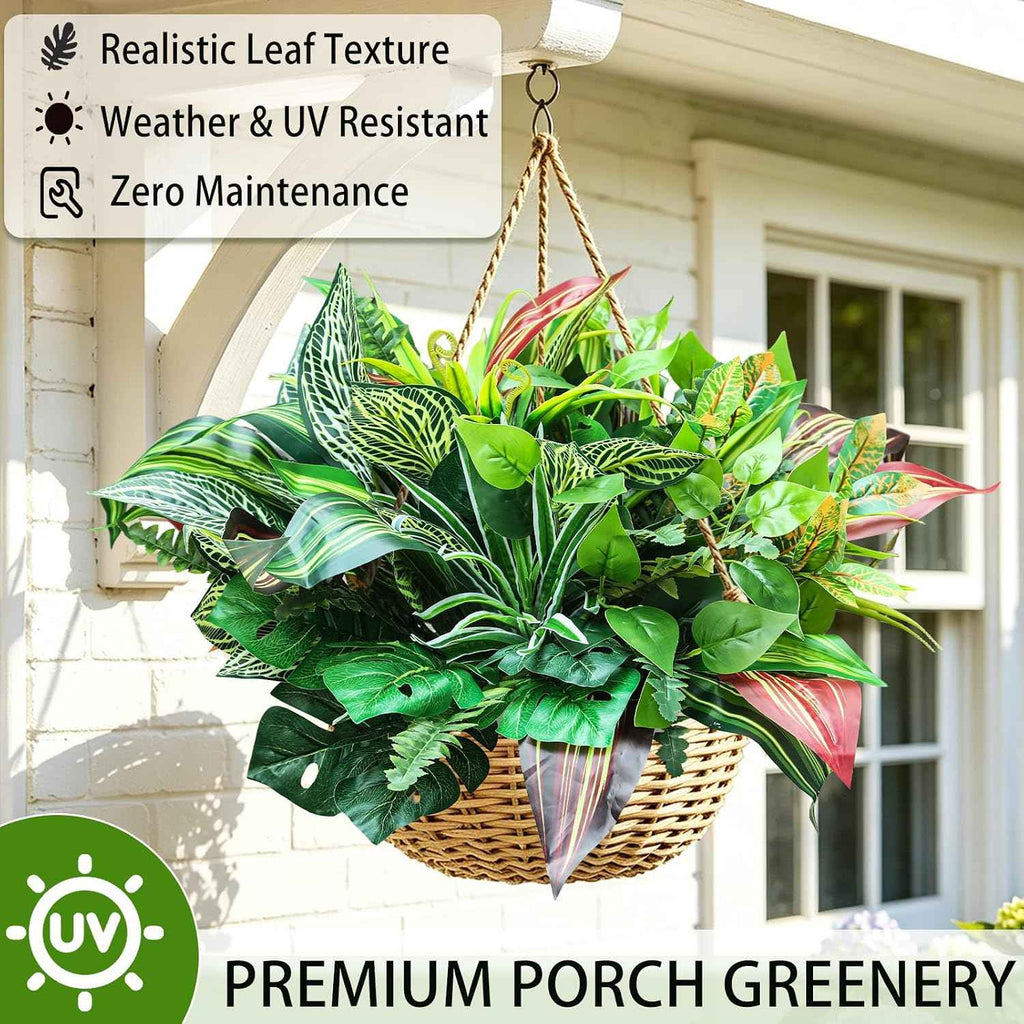 18 Bundles Artificial Greenery Plants Outdoor UV Resistant Fake Plastic Leaves with Stems Faux Bushes Shrubs for Porch Patio Window Box Garden Indoor Outside Decor