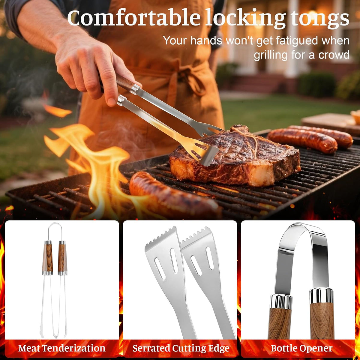 BBQ Grill Accessories, Stainless Steel Grilling Set with Storage Bag, Spatula, Fork, Cleaning Brush BBQ Accessories, Grill Tools Set for Outdoor Cooking Camping, Grilling Gifts for Men