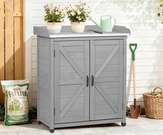 Outdoor Potting Bench with Storage Cabinet and Metal Top, Wood Workstation - Image 8