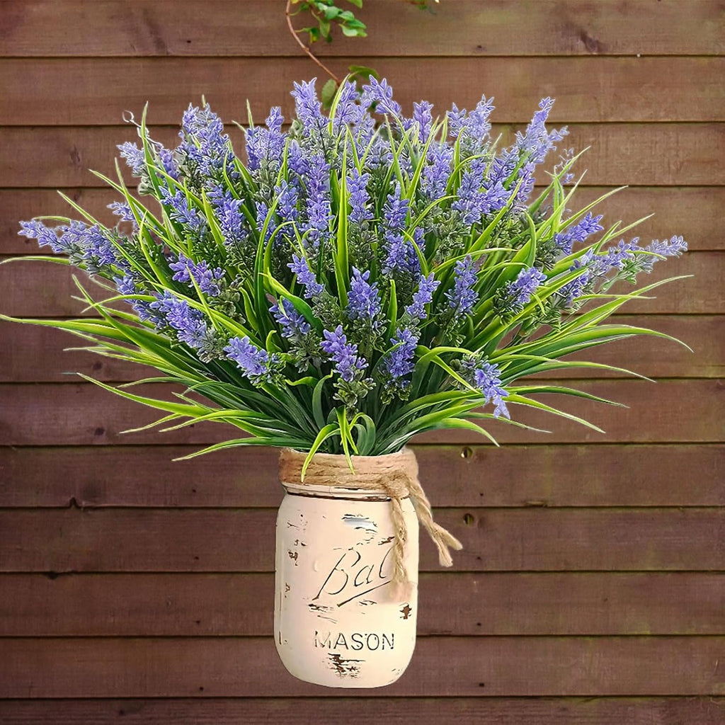 12 Bundles Artificial Grass Fake Plants，Outdoor Fake Monkey Tail Grass with Flowers for Pot UV Resistant Lavender Patio Garden Porch Home Window Hanging Planter Decor Faux Plastic Shrubs(Puper+Green)