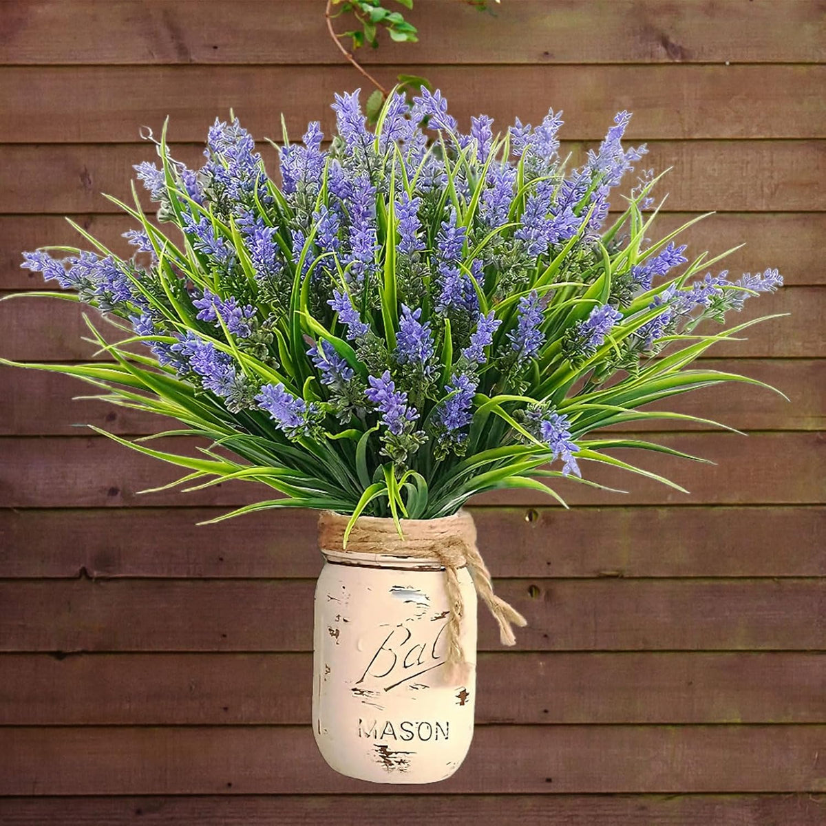 12 Bundles Artificial Grass Fake Plants，Outdoor Fake Monkey Tail Grass with Flowers for Pot UV Resistant Lavender Patio Garden Porch Home Window Hanging Planter Decor Faux Plastic Shrubs(Puper+Green)