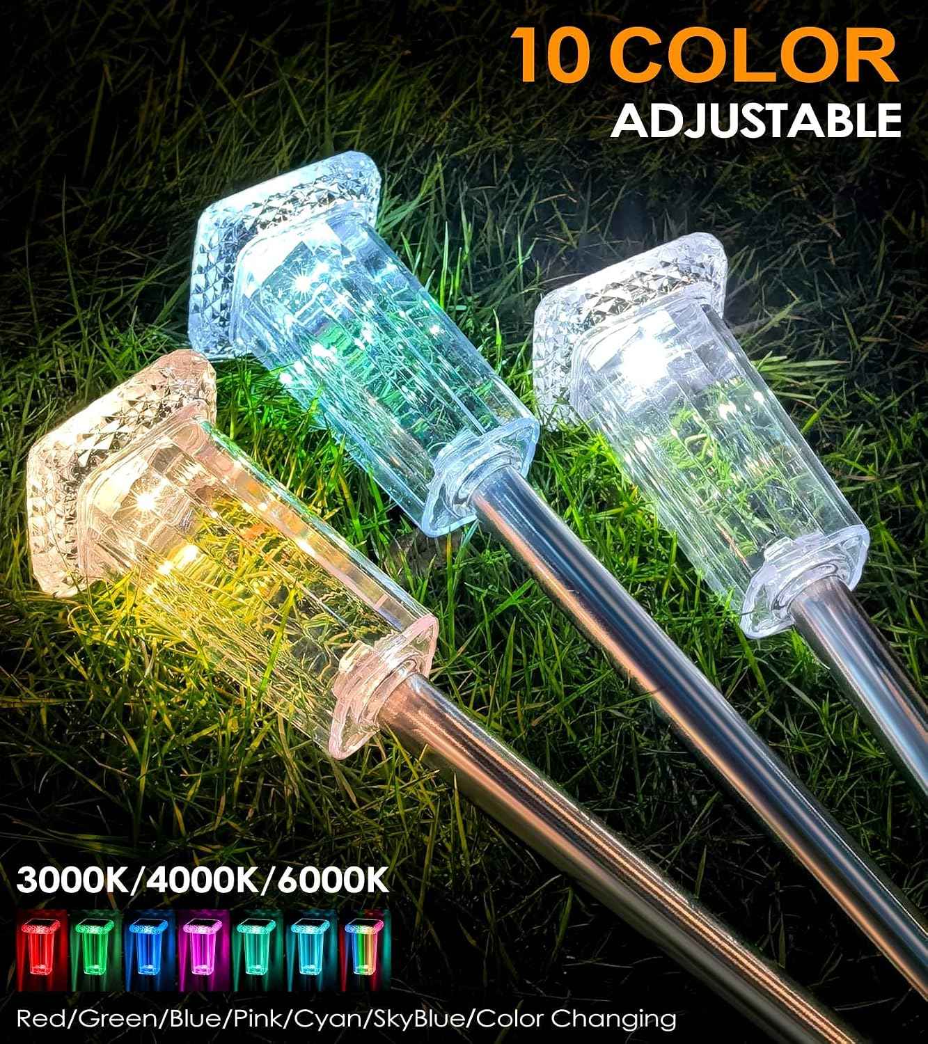 DenicMic Pathway Solar Lights Outdoor Waterproof 4 Pack Halloween Decor | 10 Color Mode LED Stake Lights for Yard Garden Driveway Walkway Landscape Path Lights Auto On/Off, Acrylic/Stainless Steel