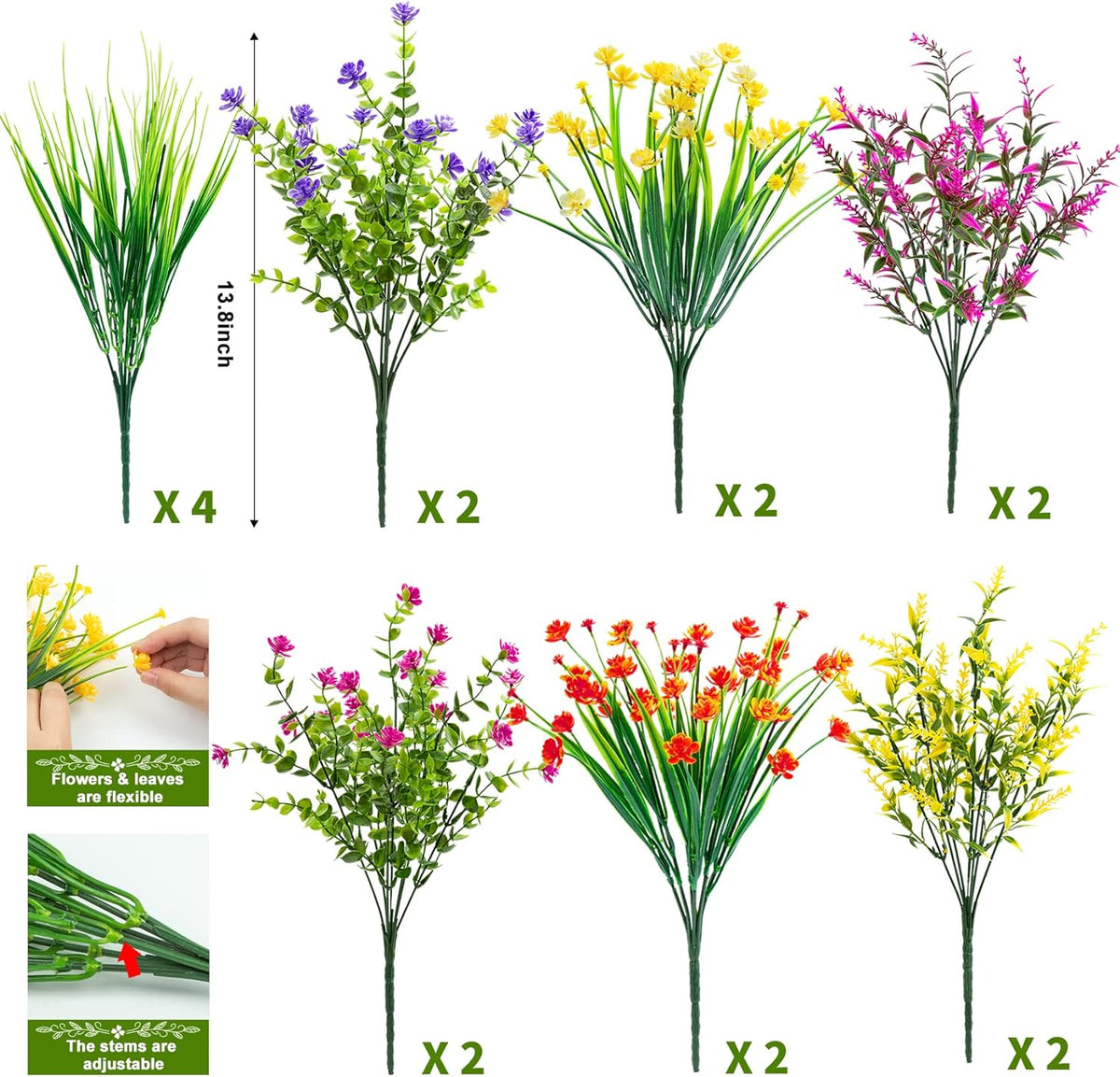 Ouddy Decor 16 Pcs Artificial Flowers for Outdoors Decorations, Mixed Color | fake plastic plants, faux shrubs, greenery wheat grass, UV resistant, garden patio window box office table kitchen home decor