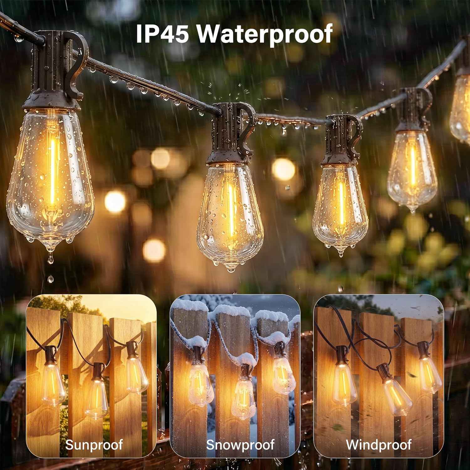 Ollny 155FT Outdoor String Lights, Shatterproof Connectable Patio Lights with 60 ST38 Edison LED Bulbs, 2200K Warm White Waterproof String Lights for Outside Backyard, Gazebo, Porch, Balcony, Bistro