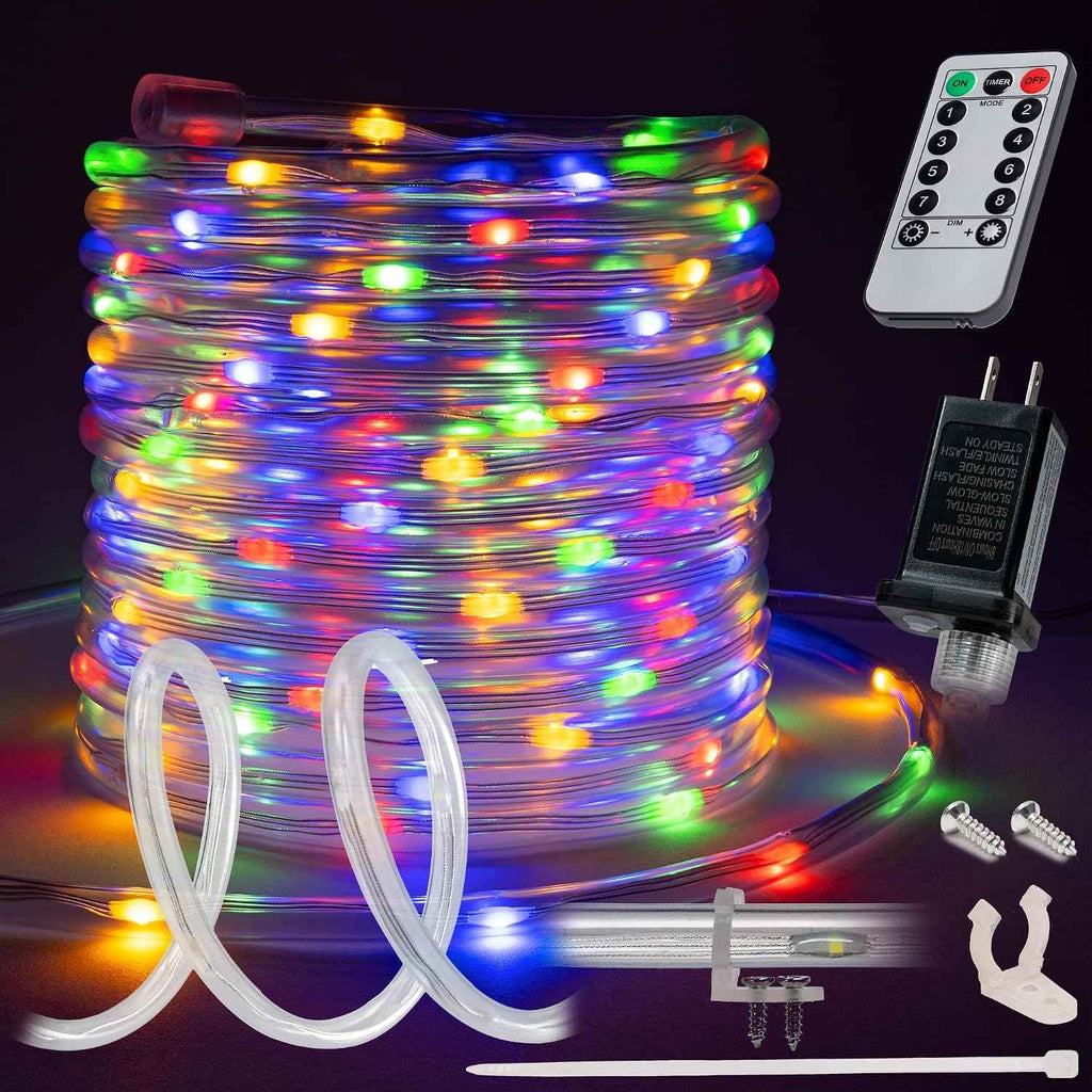 10ft Colorful LED Rope Light, 8 Modes, Waterproof Outdoor Accent Lighting w/Remote, Flexible Clear Tube, ETL Certified, Garden, Patio, Backyard, Holiday Christmas, Palm Tree, Ambient Décor