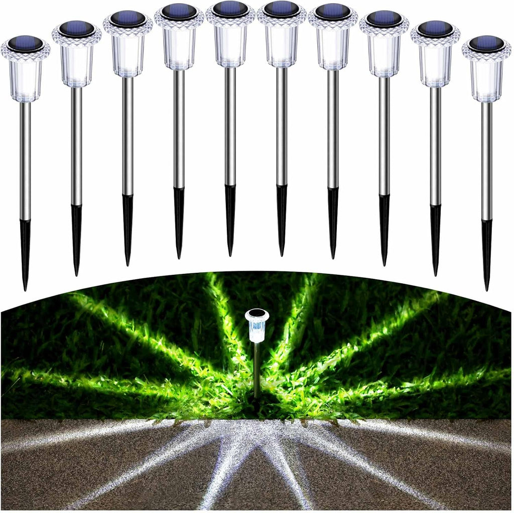 10 Pack Solar Pathway Lights Outdoor Waterproof, Cool White LED | Solar Lights Outdoor for Yard Garden Outside Walkway Driveway Landscape Lighting, Auto On/Off Stainless Steel Stake Lights