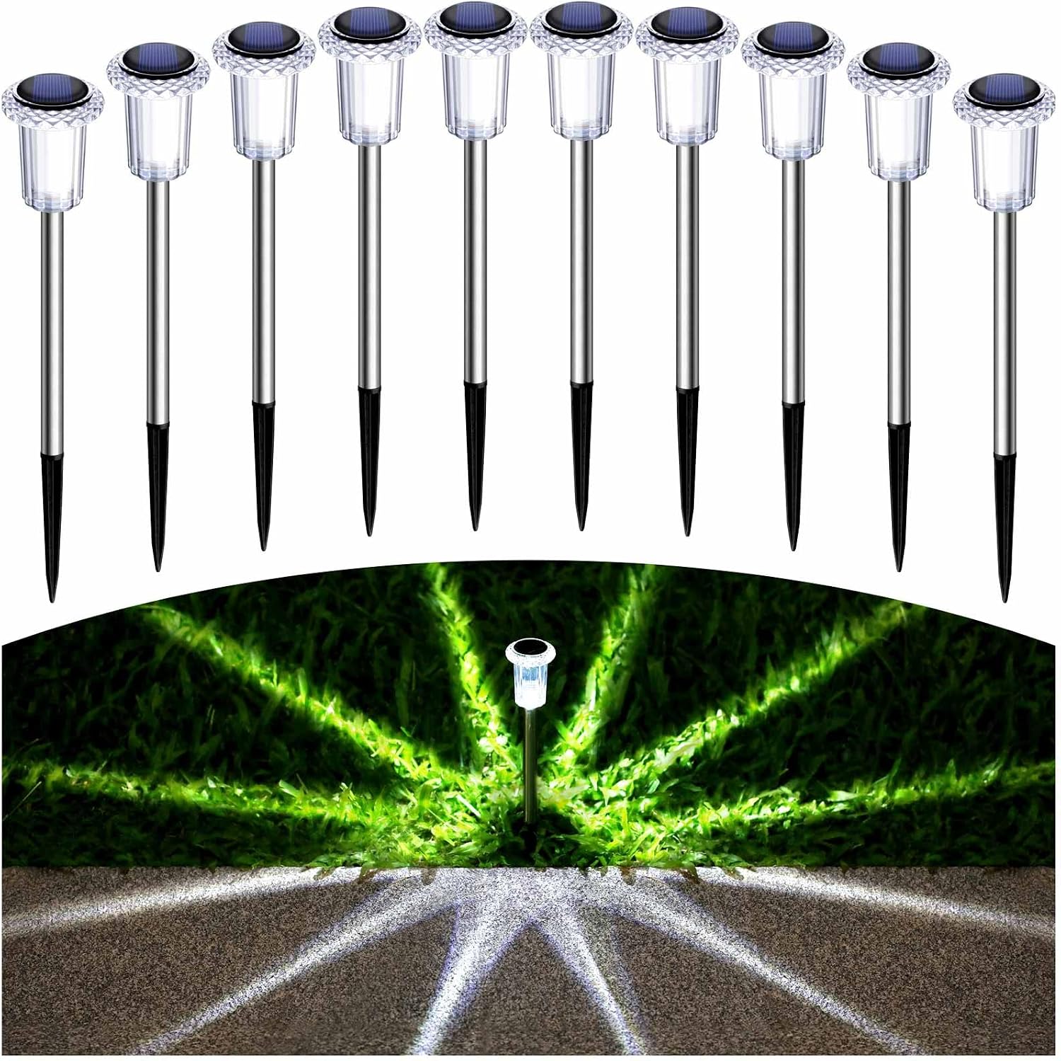 10 Pack Solar Pathway Lights Outdoor Waterproof, Cool White LED | Solar Lights Outdoor for Yard Garden Outside Walkway Driveway Landscape Lighting, Auto On/Off Stainless Steel Stake Lights