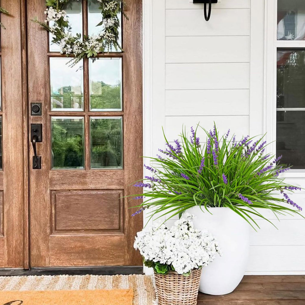 16 Bundles Artificial Outdoor Plants and 2 Pcs Butterfly Stakes Fake Monkey Grass with Flowers UV Resistant Faux Plant Greenery for Outside Planter Porch Patio Garden Window (Purple)