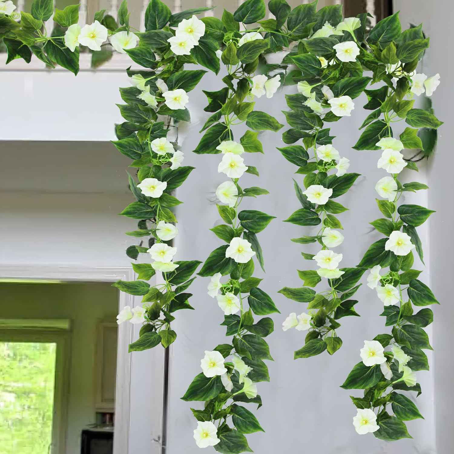 CISDUEO 2 Pcs Artificial Vines Silk Morning Glory Vines for Outdoor 15Feet Hanging Plants Garland White Fake Green Plant Morning Glories for Home Decor Wall Fence Stairway Wedding Hanging Baskets