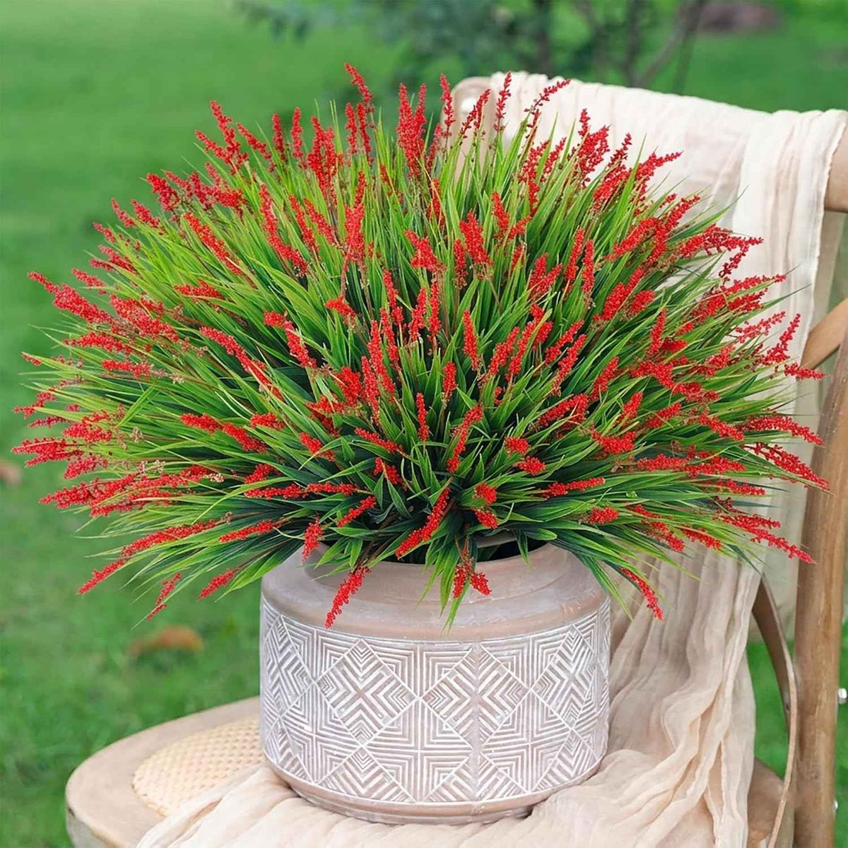 HyeFlora Artificial Fake Flowers Outdoor Plants for Summer Decoration,10 Bundles Faux Plastic Tall Monkey Grass Greenery UV Resistant Realistic Lavender for Home Planter Window Porch Garden-Red
