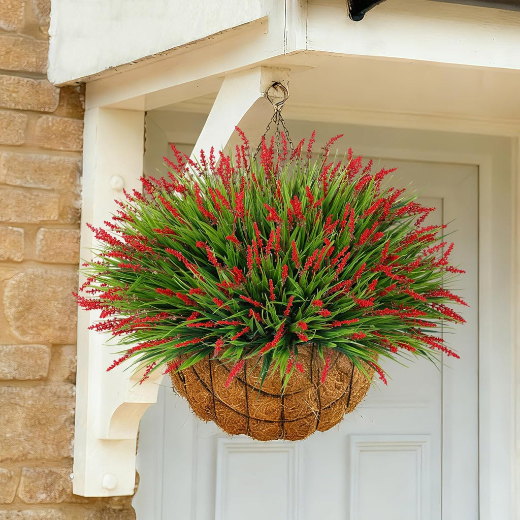 Ivydale 20PCS Artificial Plants Fake Flowers Monkey Grass for Outdoors,UV Resistant Realistic Red Faux Greenery Shrubs Outside Decor for Home Garland Porch Patio Balcony Planter Yard Office Pathway