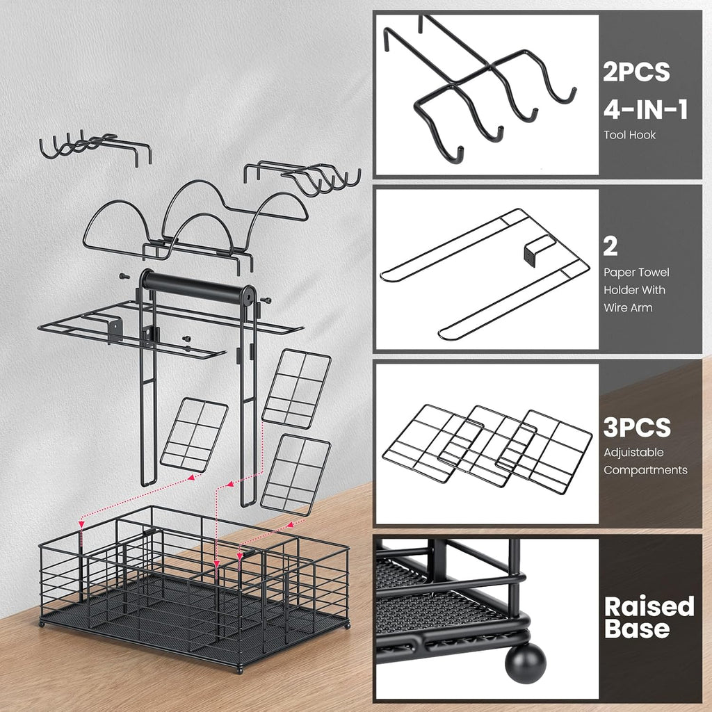 Grill Caddy for Outdoor Grill with 2 Paper Towel Holders,Barbecue Tool Sets Storage Organizer,BBQ Caddy for Outdoor Grill with 9 Compartments & 8 Hooks,Picnic Caddy Grilling Gifts for Men