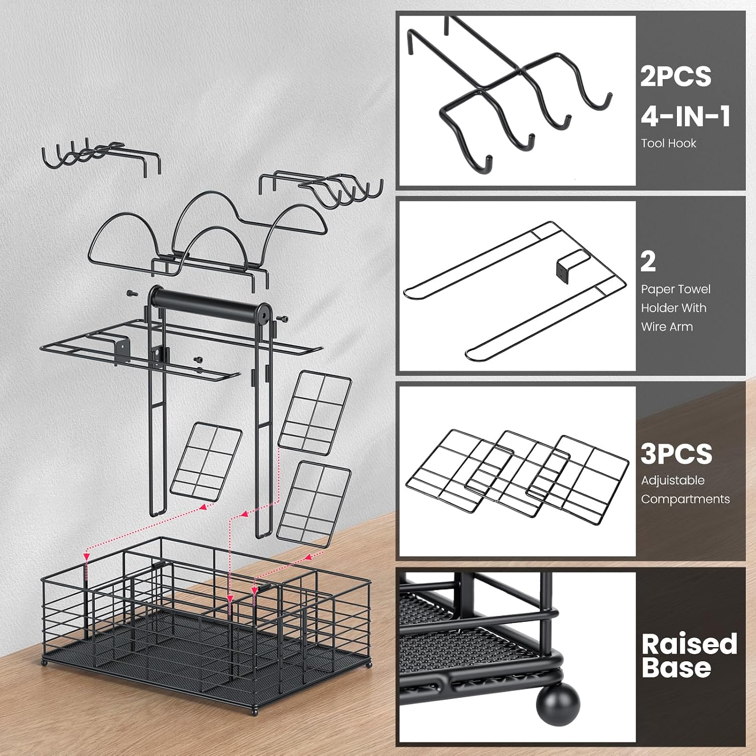 Grill Caddy for Outdoor Grill with 2 Paper Towel Holders,Barbecue Tool Sets Storage Organizer,BBQ Caddy for Outdoor Grill with 9 Compartments & 8 Hooks,Picnic Caddy Grilling Gifts for Men