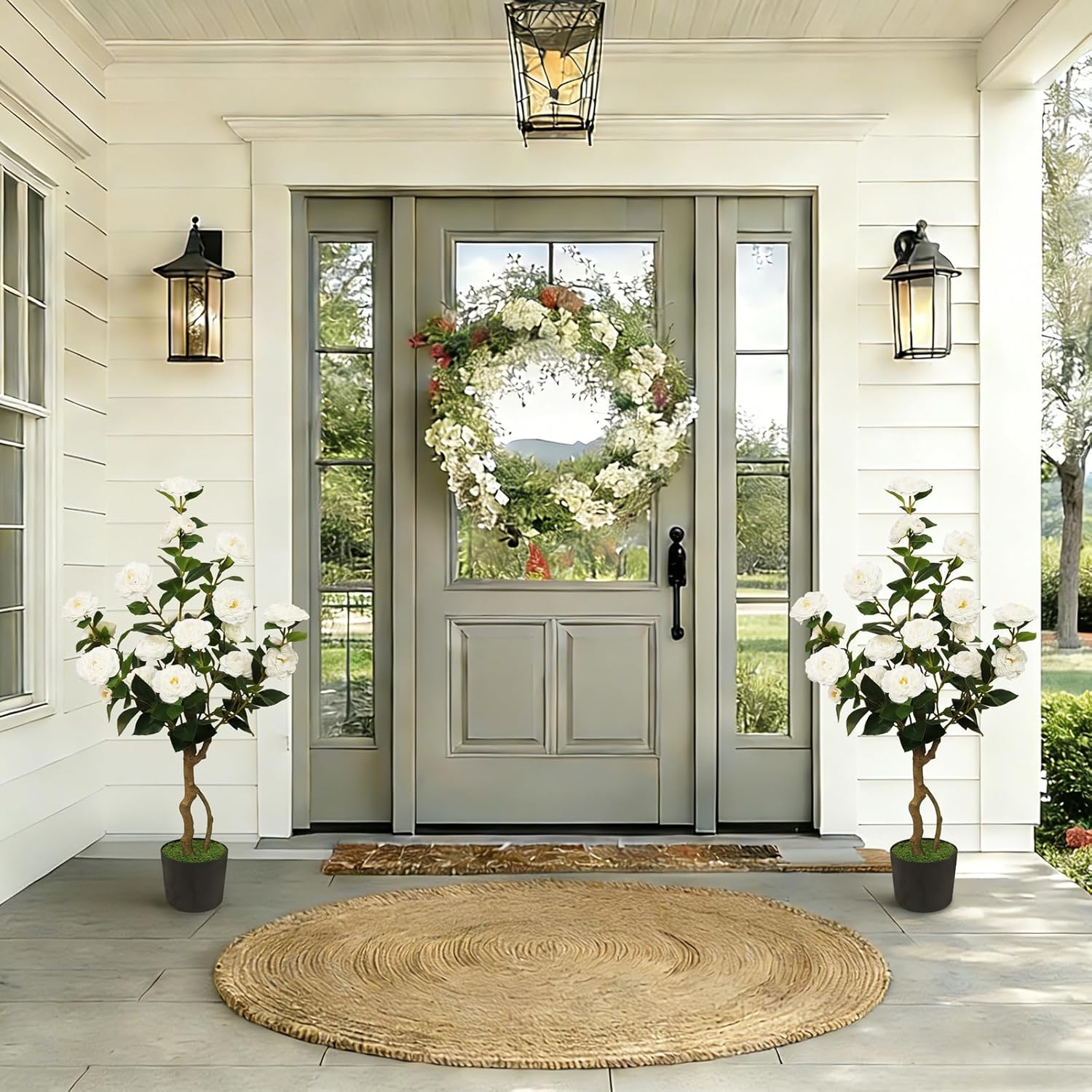 Artificial Camellia Tree 2 Pack, 42'' Faux Camellia Plant in Pot with 24 Blooming Flowers, Fake Greenery Potted Plant for Indoor Outdoor Home Floor Office Porch Decor (White)