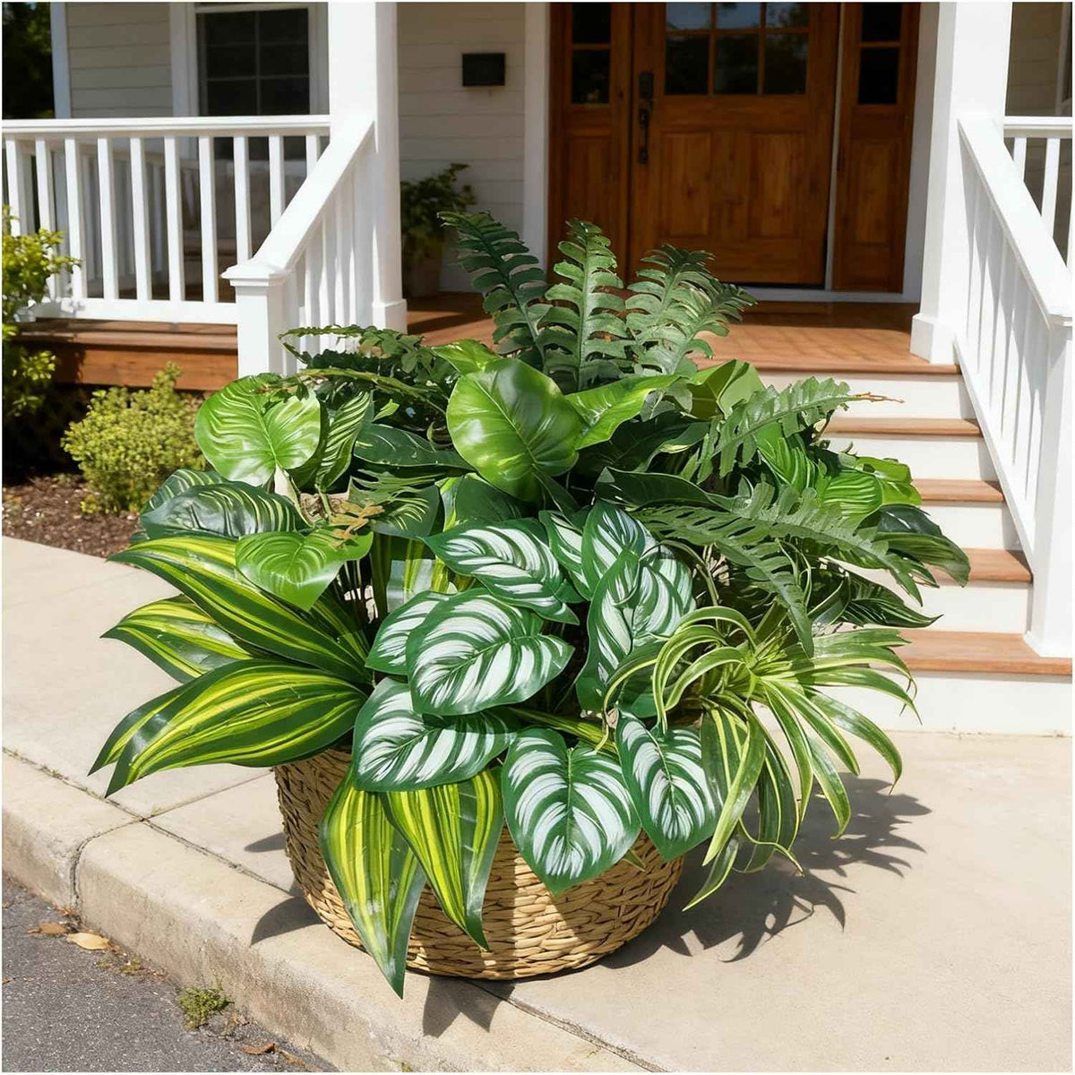 Large Realistic Faux Outdoor Plants, Artificial Greenery Set | Silk Leaves, UV Resistant Plastic Stems, Patio, Porch, Garden Decor, Lifelike Plants for Planters and Front Door Decorations