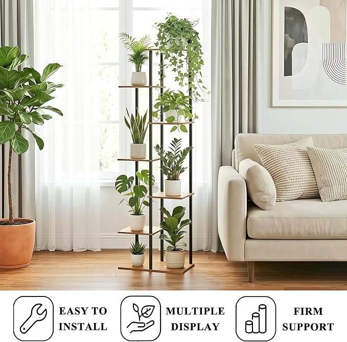 Plant Stand Indoor 7 Tier 8 Potted Metal Wood Plant Shelf, Rustic Brown - Image 4