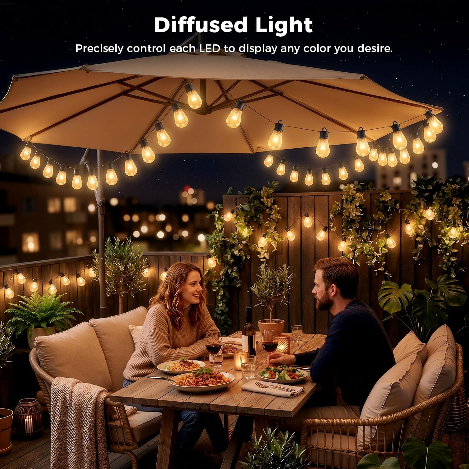 CDN Outdoor String Lights, 80FT Smart RGBW Patio Lights for Backyard | IP65 Waterproof, App, Alexa & Google Control, 111 Modes, Music Sync and Dimmable Warm White for Date Nights BBQs and Parties