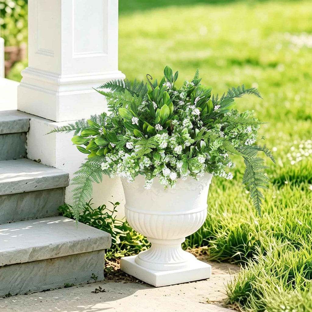 RECUTMS Faux Fern Flowers Plants Set for Outdoors 11 Bundles UV Resistant | Fake Fern,Eucalyptus Shrub with Rose&Berry Bunches for Home Patio Garden Window Box Front Door Porch Yard Planter Decor White