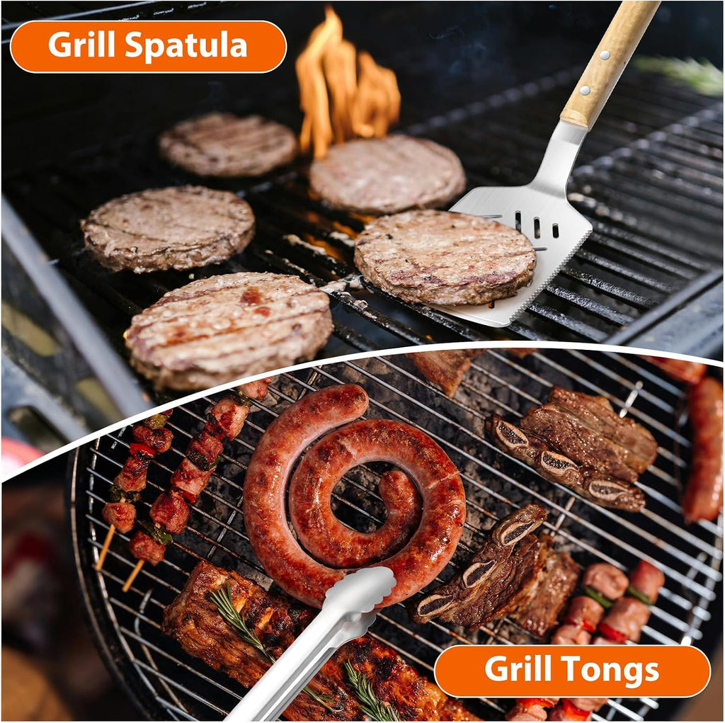5 pcs Heavy-Duty Wooden BBQ Grilling Tools Set, Extra Thick Stainless Steel Multi-Functional Spatula, Fork, Tong, Oiling Brush & Cleaning Brush - an Excellent Barbecue Gift for Men