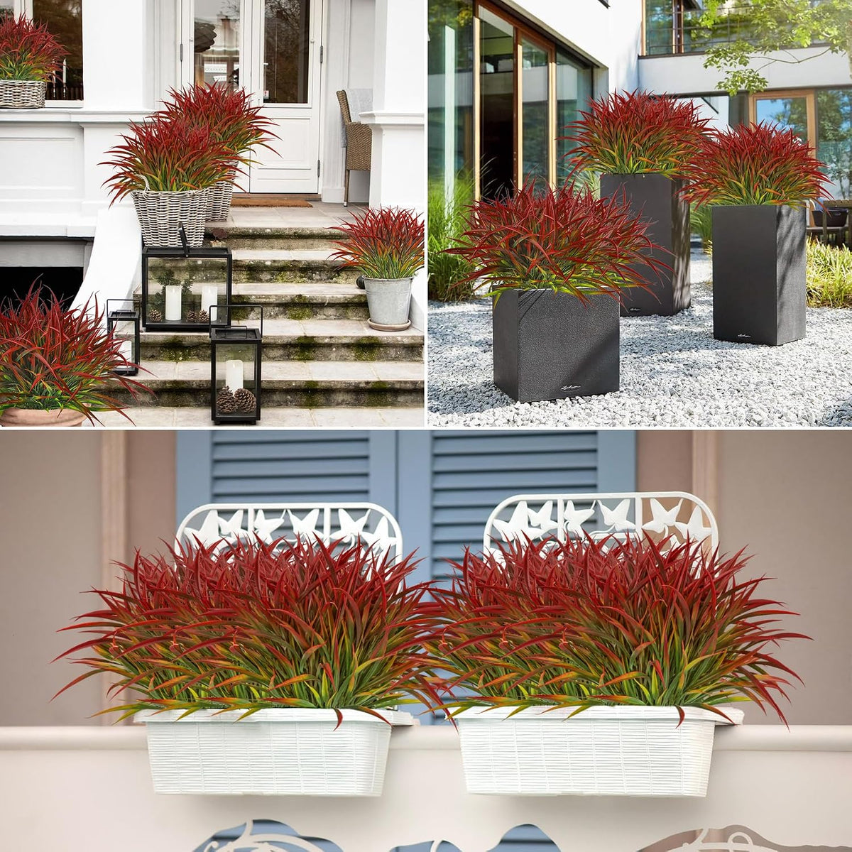 Ouddy Decor 16 Pcs Artificial Plants Outdoor Fake Fall Greenery Stems, Red | Faux grass, UV resistant, plastic plants shrubs, autumn Thanksgiving garden pathway window farmhouse front porch home decor