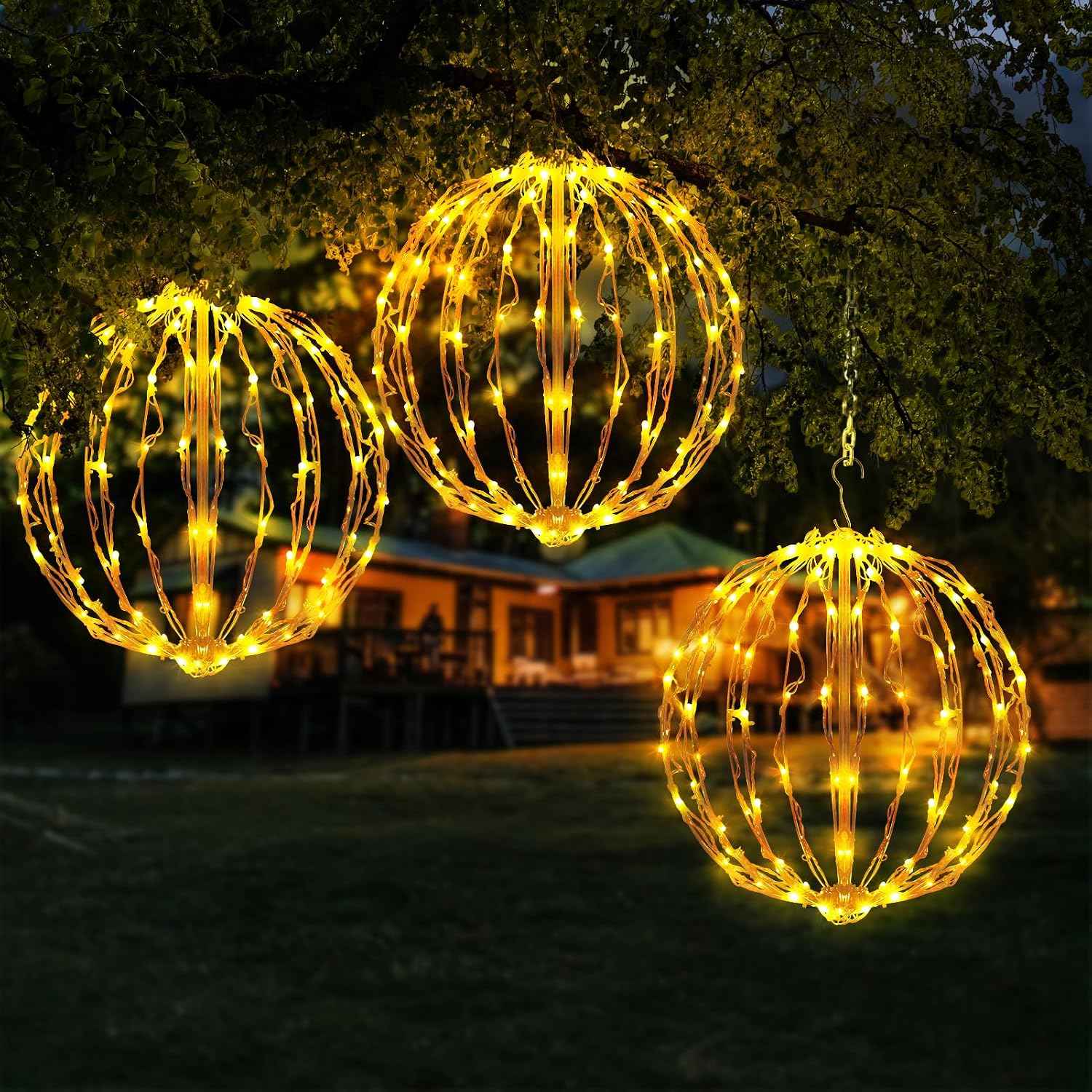 16 Inch Christmas LED Light Globes, 3 Pack Warm White Hanging Decor | 8 Lighting Modes, 3 Timer Modes, Folding Design, Waterproof, Indoor Outdoor Holiday Decor